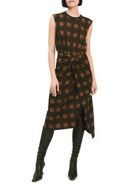 New Derek Lam 10 Crosby Londyn Plaid Asymmetric Knit Midi Dress Brown Large $325